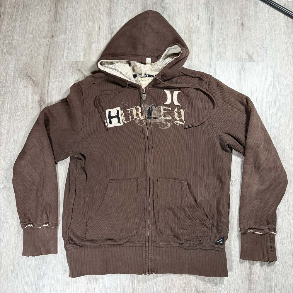 Vintage Hurley Y2K Brown Waffle Knit Sherpa-Lined Full Zip Hoodie Large Skater